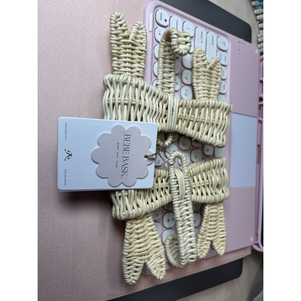 BEBE BASK Rattan Curved Baby Clothes Hangers Set of 2 Beige Under 6in - Picture 7 of 7